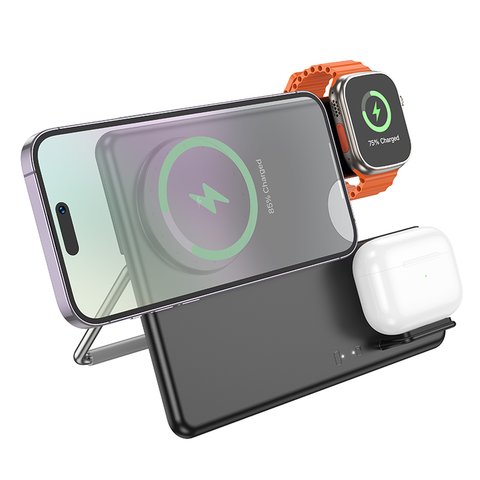 Беспроводное зарядное устройство Hoco CQ1 3-in-1, Quick Charge, черное, USB тип-C, 15 Вт, раскладное, настольный, магнитное, iwatch, #6942007602310 Превью 1