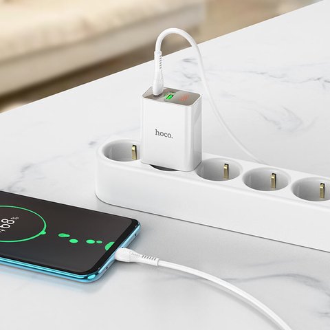 Сетевое зарядное устройство Hoco C100A, 20 Вт, Power Delivery (PD), белый, с дисплеем, c кабелем USB тип-C к USB тип-C, 2 порта, #6931474769824 Превью 5